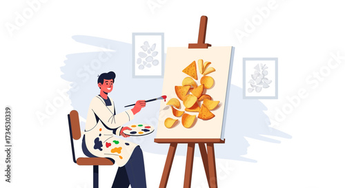Illustrative portrayal of an artist creating a unique snack food artwork on canvas