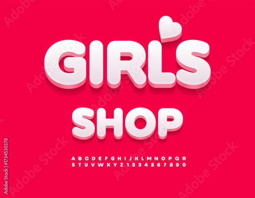 Vector Cute board Girls Shop with Decorative Emblem. Round White 3D Font. Modern Alphabet Letters and Numbers set.