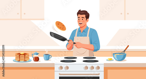 Joyful man flipping pancake in kitchen illustration of breakfast preparation scene vector art
