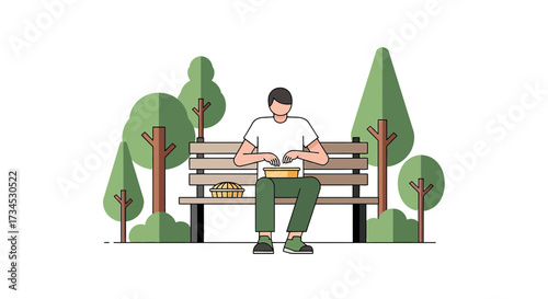 Man enjoys a pie on a park bench surrounded by stylized trees and greenery for relaxation