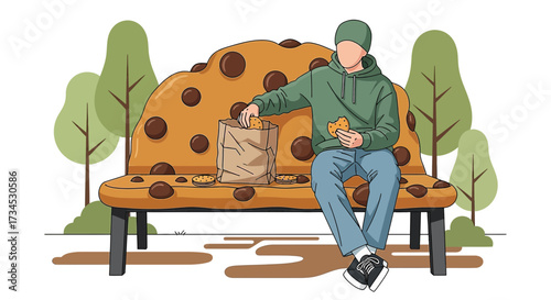 Man enjoys cookies on a whimsical cookie bench in a park setting illustration