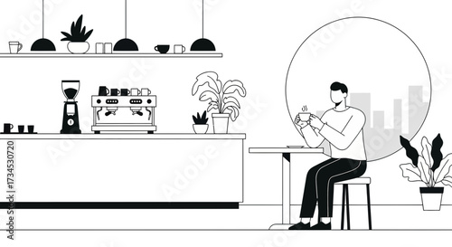 Monochrome illustration of a man enjoying coffee in a modern minimalist cafe setting