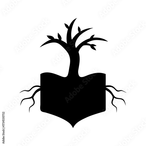 Silhouette book with roots spreading symbol minimal learning growth concept vector design with white background