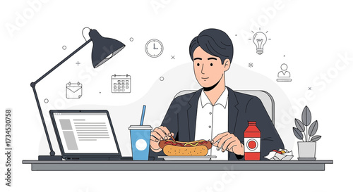 Office worker enjoying a hot dog during a quick lunch break at his desk featuring work icons