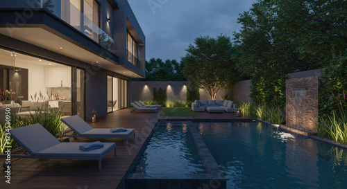 A modern backyard with a large swimming pool, wooden terrace with sunbeds, a lounge area with couches, tall plants, and a fountain