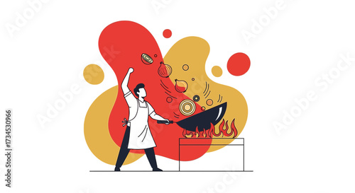 Professional chef flambéing vegetables in a wok, showcasing culinary skills and artistic food