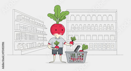 Radish character shopping for radishes in a minimalist supermarket illustration style