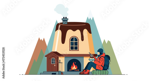 Quirky illustration of a hiker enjoying a meal in front of a pudding house in the mountains