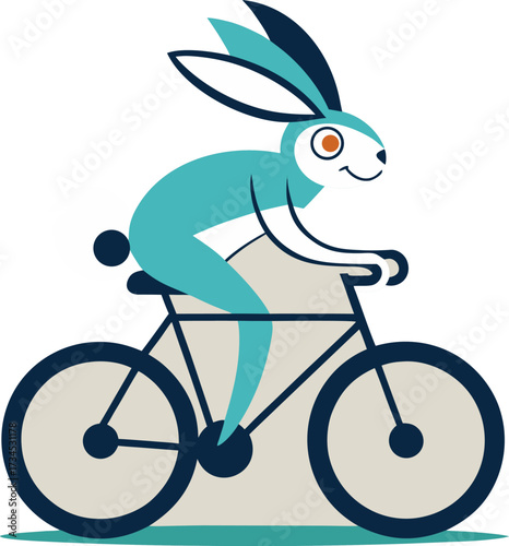 Cartoon hare riding a bicycle with a cheerful expression on a white background