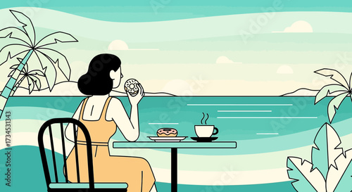 Relaxing tropical breakfast: Woman enjoying a donut and coffee by the ocean with palm trees
