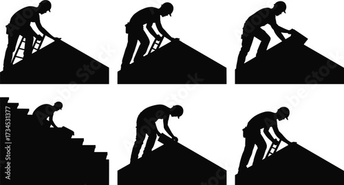 Silhouette of roofing worker installing shingles, roofer on ladder repairing roof, construction contractor illustration, roof installation, house repair silhouettes, roof maintenance and safety
