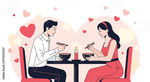 Romantic dinner for two a couple enjoys a meal with a candle and hearts backdrop
