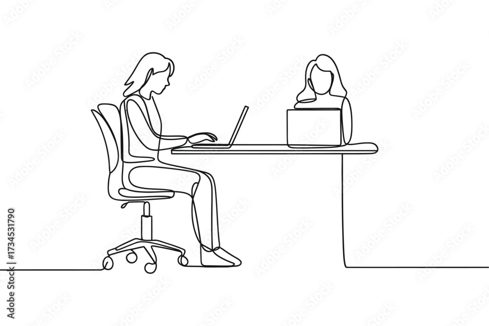 Fototapeta premium Two women working on laptops at desks in a minimalist line drawing