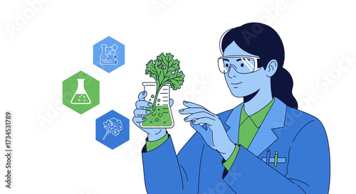 Scientist inspecting plant growth in laboratory flask for agricultural research illustration