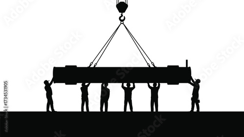 Silhouette of workers guiding crane lifting heavy beam, teamwork construction illustration, industrial lifting operation, crane safety, building site workers handling heavy load