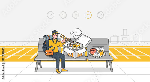 Solo traveler enjoying a dim sum feast at a train station with clock background for travel concept
