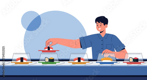 Sushi conveyor belt dining experience with a man picking his favorite dish illustration