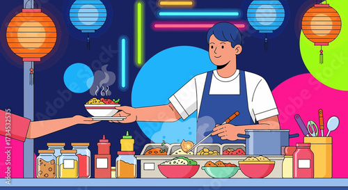 Vibrant Asian Street Food Vendor Offering a Delicious Bowl with Decorative Lanterns