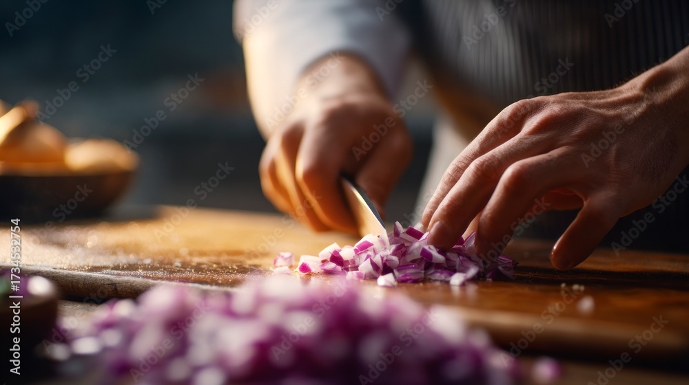 Obraz premium Chopping red onion food preparation