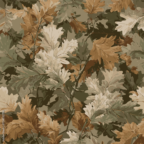 Real tree forest hunting camouflage seamless pattern design with barks and leaves. Camouflage repeat pattern
