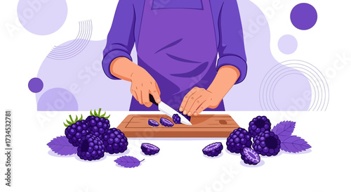 Vibrant illustration showcasing a person preparing fresh blackberries on a wooden board scene