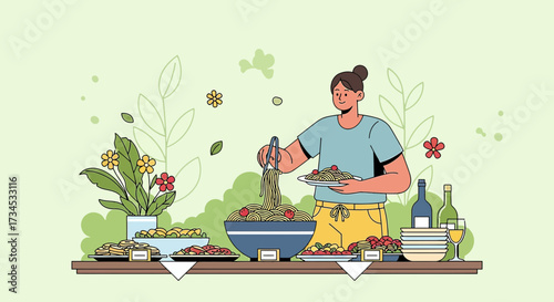 Wholesome buffet illustration featuring a woman serving spaghetti with natural and organic elements