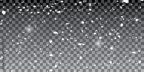Random falling snow flakes wallpaper. Snowfall dust freeze granules. Snowfall sky white teal transparent background. Real falling snow on a transparent background.