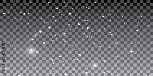 Random falling snow flakes wallpaper. Snowfall dust freeze granules. Snowfall sky white teal transparent background. 