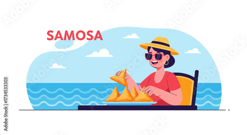 Woman enjoying samosas by the sea summer vacation illustration delicious snack background