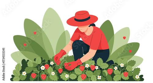Woman harvesting fresh strawberries in a lush garden setting with vibrant colors and a natural