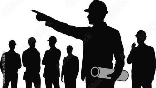 Construction foreman silhouette pointing with blueprints, team of workers standing, project manager supervising crew, leadership illustration, teamwork coordination