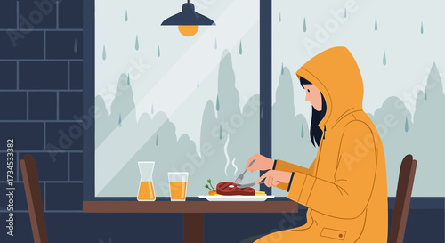 Woman in yellow raincoat enjoys steak dinner during a rainy day at restaurant illustration