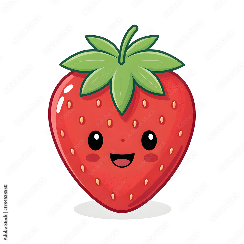 Obraz premium Strawberry fruit emoji isolated on white background featuring bright red ripe strawberry with green leaves and detailed