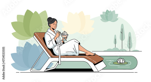 Woman Relaxing with Ice Cream at a Spa, Indulging in Self-Care and Peaceful Moments Amidst Lotus