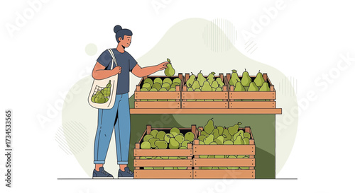 Woman shopping for fresh pears at a local market selecting organic fruit concept