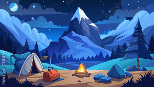 A high-altitude campsite nestled among tall snowy peaks under a starlit sky.