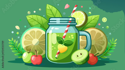 Green detox juice with fresh mint, apple and cucumber in mason jar, refreshing beverage, healthy lifestyle, vibrant ingredients, natural energy, revitalizing taste, perfect for wellness, cleansing, 