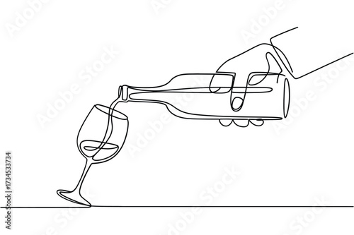 Continuous line drawing of wine being poured into a glass