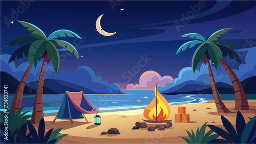 A peaceful nighttime beach scene under a sky full of stars and a glowing crescent moon.