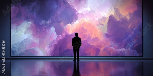 Silhouette of a Man Reflecting in Front of Vibrant Pink and Purple Abstract Art