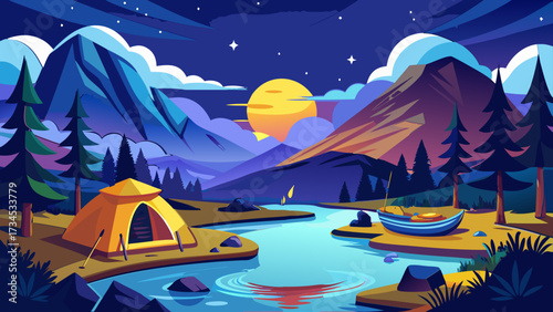 A riverside campsite under a starry sky with a glowing tent set beside a rushing river.