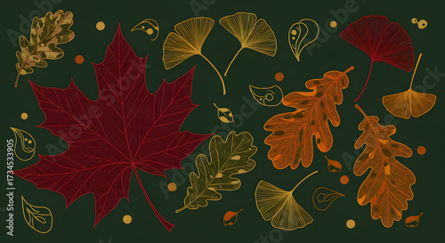 Elegant art deco autumn leaves. Stylized line-art of maple, oak, and ginkgo leaves with intricate geometric patterns inside. Luxurious motif in deep burgundy, burnt orange, and antique gold on a dark 