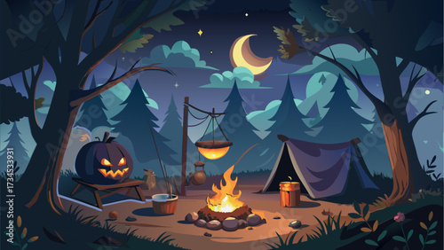 A spooky campsite under a crescent moon with glowing jack-o’-lanterns around a tent.