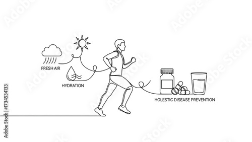 Minimalist One-Line Illustration of Person Exercising Outdoors with Health and Preventive Medicine Icons, Holistic Wellness Vector