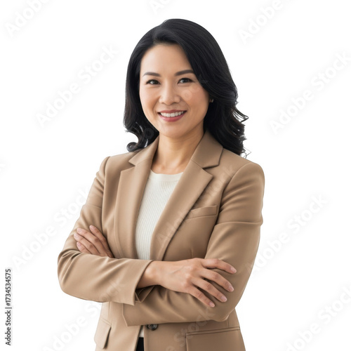 Wallpaper Mural Smiling asian woman wearing a tan blazer and white shirt with arms crossed confidently isolated on transparent background Torontodigital.ca