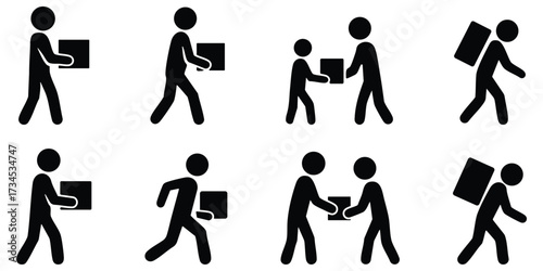 Stickman carrying boxes and packages in different delivery and courier poses representing logistics, shipping, and postal services