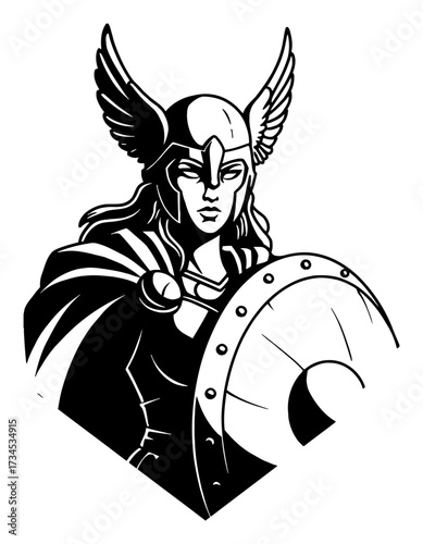 Beautiful Valkyrie Warrior with Shield and Winged Helmet Black and White Outline Line Art Drawing Logo