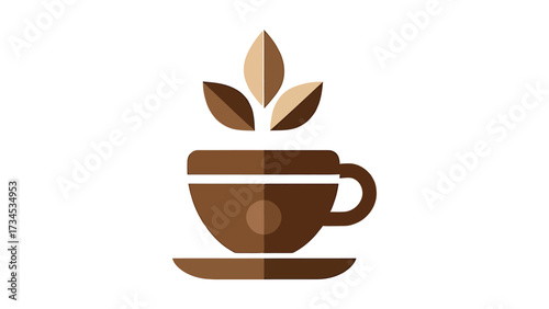Flat vector coffee cup with rising steam shaped like leaves.