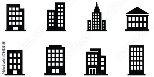 City building icons including office towers, skyscrapers, apartments, and government architecture symbolizing urban business and real estate