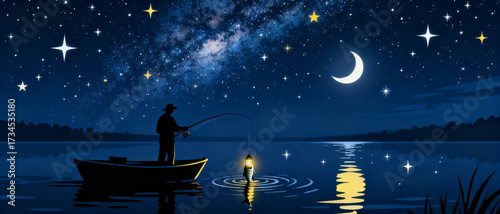 Fisherman Under Starlight Vector Art